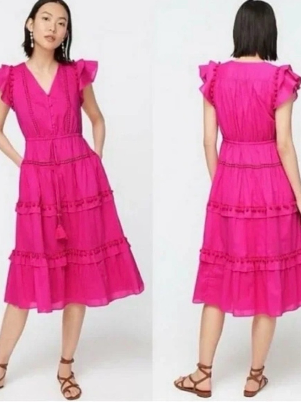 NWT J. Crew Pink Tiered Midi Dress with Flutter Sleeves and Pom Pom Trim Sz 14
